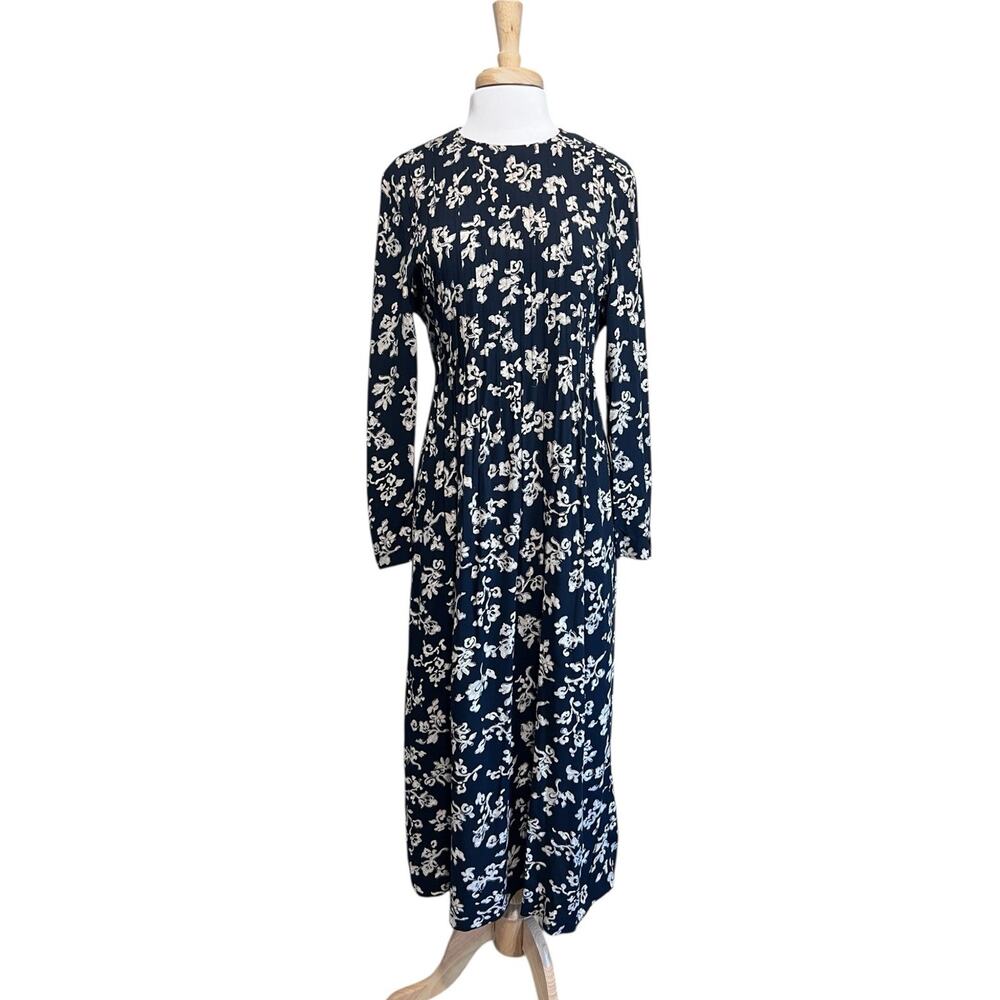 Positive Attitude Midi Ankle Dress Blue Tan Floral Tie Back Cottagecore 12